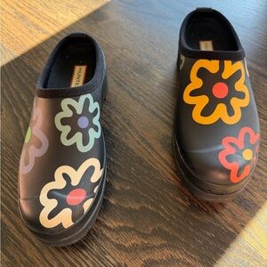 Hunter Black Clogs with Colorful Floral Design